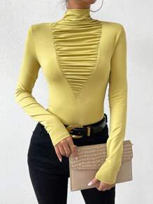 SHEIN Essnce 小高領正面褶皺T恤 - 芥末黃 - 查看 1