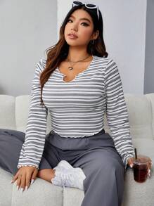 SHEIN EZwear Hơn In sọc Đường viền cổ có rãnh Áo thun - Màu Xám nhạt - Xem 6