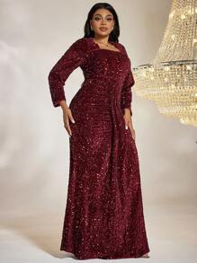 Plus Square Neck Draped Detail Sequin Formal Dress - Red - View 5