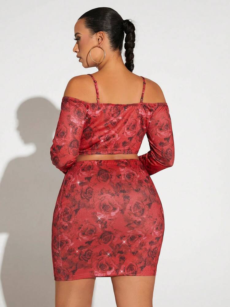 Plus Allover Floral Print Cold Shoulder Crop Top & Bodycon Skirt