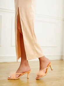 SheIn Belle Funky Orange Thong Sandals For Women, Fluffy Decor Toe Post Design Stiletto Heeled Sandals - Orange - View 10