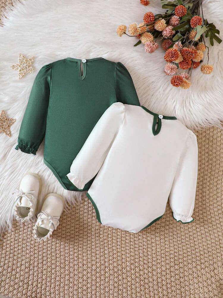 Girls 2pcs Letter Graphic Contrast Binding Flounce Sleeve Bodysuit