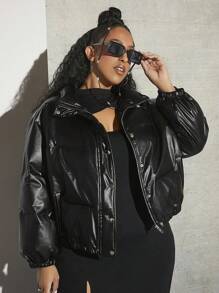SHEIN CURVE+ Plus Zip Up Snap Button Padded Coat - Black - View 1