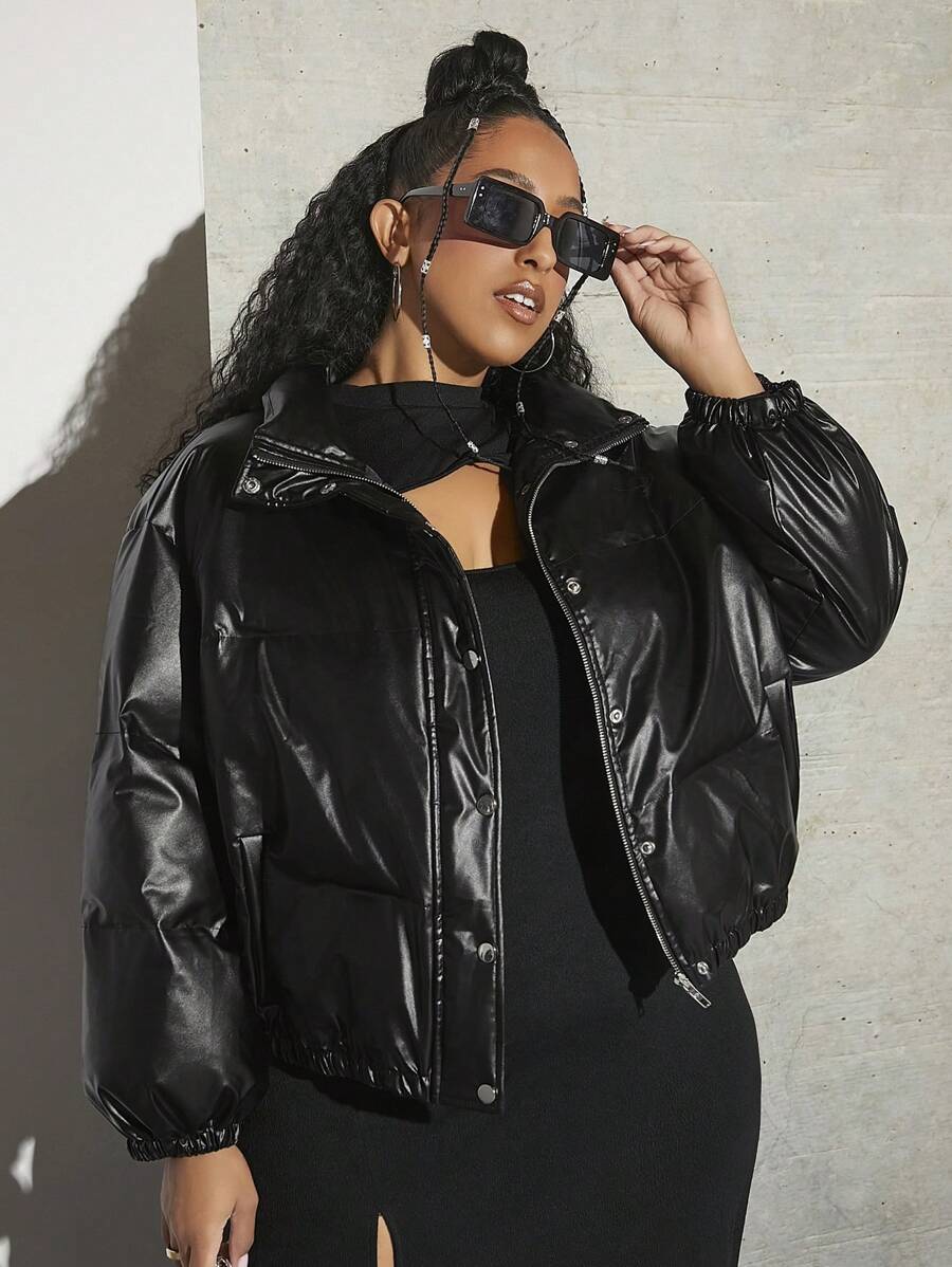 SHEIN CURVE+ Plus Zip Up Snap Button Padded Coat - Black - View 1