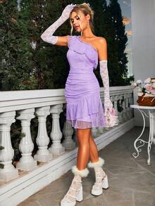 Glamaker 單肩褶邊荷葉邊網紗洋裝 - 紫色 - 查看 3