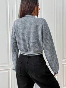 SHEIN EZwear Striped Trim Drop Shoulder Crop Bomber Jacket - Grey - View 4