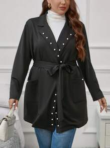 SHEIN Clasi Plus Pearls Beaded Dual Pocket Belted Coat - Black - View 4