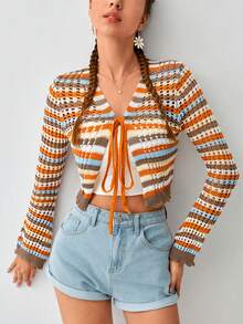 Soleia 條紋圖案&幾何圖案前繫帶短款開衫 - 彩色 - 查看 4