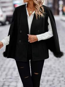 SHEIN Clasi Fuzzy Cuff Cloak Sleeve Belted Overcoat - Black - View 5