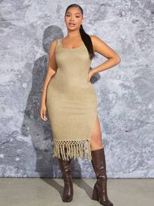 SHEIN SXY 大碼流蘇下擺吊帶洋裝 - 灰色 - 查看 4