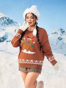 We Bare Bears X SHEIN Talla grande Jersey con patrón de dibujos animados de hombros caídos - Marrón - Ver 4