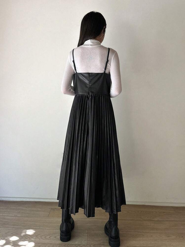 Solid Pleated Hem Cami Dress Without Tee,Casual Women Dresses Fall,Winter