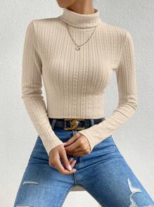 SHEIN Essnce 高領麻花編織T恤 - 卡其色 - 查看 1