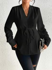 SHEIN Maternity Solid Belted V Neck Blouse - Black - View 5