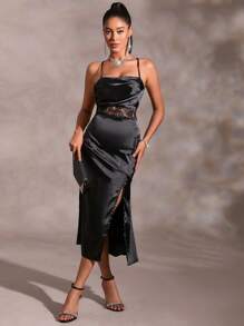 SHEIN BAE Contrast Lace Split Thigh Cami Dress - Black - View 5