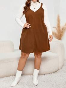SHEIN LUNE Plus Solid Overall Dress Without Sweater - Rust Brown - View 5
