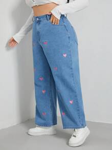 SHEIN EZwear 加爱心刺绣阔腿牛仔裤 宽腿牛仔裤 宽腿牛仔裤 女童宽腿牛仔裤 女式宽腿牛仔裤 - 淺色水洗藍 - 查看 5