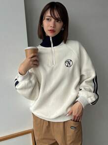 FRIFUL 女士休闲撞色条纹字母刺绣卫衣，秋冬款 - 米色 - 查看 8