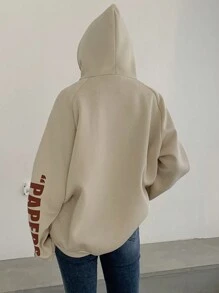 DAZY Letter Graphic Drop Shoulder Drawstring Hoodie,Long Sleeve Tops,Fall Clothes Sweatshirt - Apricot - View 2