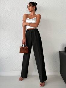 EURMUSE Pantalones rectos unicolor - Negro - Ver 5