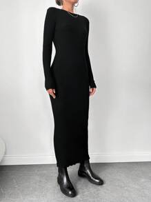 RueChic Solid Ribbed Knit Bodycon Dress Without Belt - Black - View 4