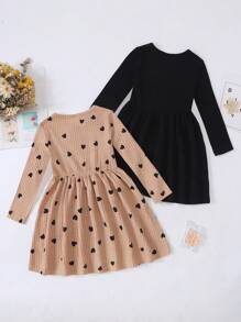 SHEIN Young Girl 2pcs Heart Print Patch Detail Dress - Multicolor - View 2