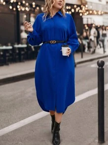 SHEIN LUNE 大碼落肩袖弧形下擺襯衫洋裝 - 寶藍色 - 查看 1