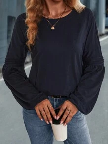 SHEIN Essnce Solid Lantern Sleeve Tee - Blue - View 4