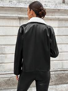 EURMUSE Borg Collar Flap Pocket Drop Shoulder PU Leather Jacket - Black - View 2