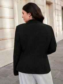 SHEIN Privé Plus Lapel Neck Button Detail Belted Blazer - Black - View 2