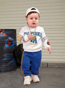SHEIN Baby Boy Letter Graphic Sweatshirt & Striped Tape Side Sweatpants - Blue and White - View 8