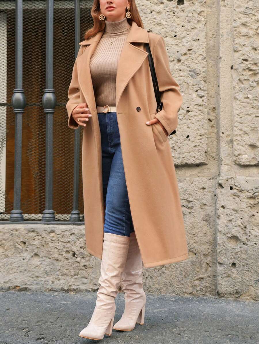 SHEIN Frenchy Plus Lapel Neck Double Breasted Overcoat Winter Fall Autumn