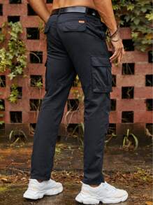 男士側翻蓋口袋工裝褲不附腰帶 - 黑色 - 查看 2