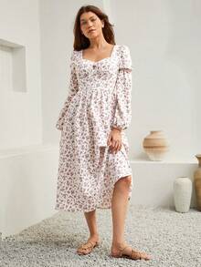 SHEIN VCAY In hoa Ditsy Cổ Trái tim Tay áo lồng đèn Đầm - trắng - Xem 4