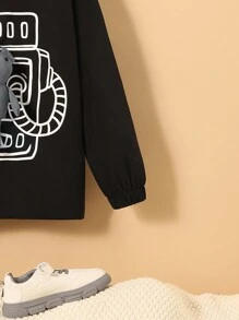 SHEIN 男大童反光熊和字母圖案連帽加絨內裏外套 - 黑色 - 查看 8