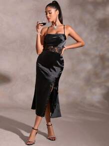 SHEIN BAE Contrast Lace Split Thigh Cami Dress - Black - View 2