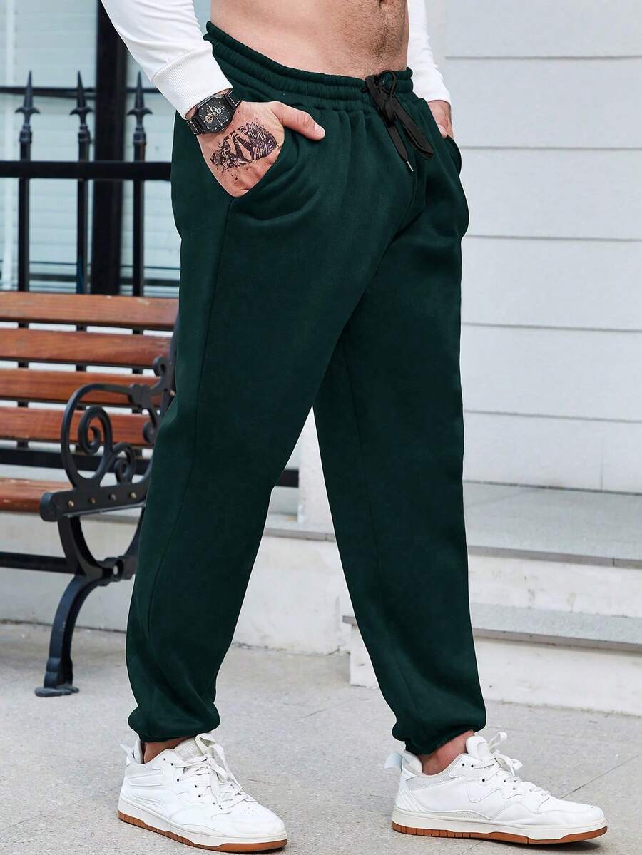 Manfinity Homme Hombres talla grande Pantalones deportivos de cintura con cordón con bolsillo oblicuo - Verde - Ver 1