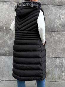 EURMUSE Plus Fuzzy Trim Hooded Puffer Vest Coat, For Winter - Black - View 2