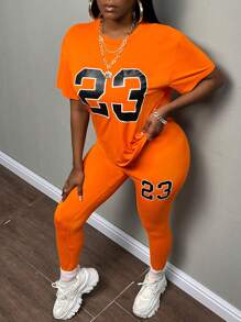 Slaydiva 熒光橙數字圖案落肩T恤&緊身打底褲