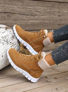 女士雪地靴，女士棕色前系带侧拉链保暖内衬装饰，保暖户外雪地靴 - 棕色 - 查看 2