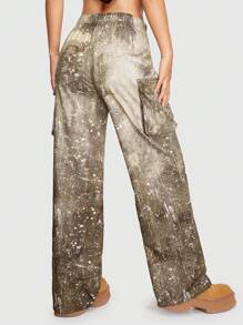 ROMWE Grunge Punk Slogan Graphic Flap Pocket Side Drawstring Waist Cargo Sweatpants - Coffee Brown - View 6