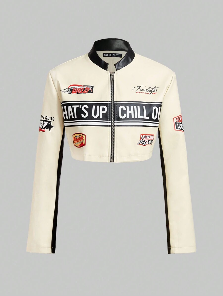 SHEIN ICON Letter Graphic Zip Up Crop Jacket In Fall/Winter - Multicolor - View 1