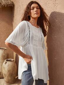SHEIN VCAY Guipure Lace Insert Smock Top - White - View 5
