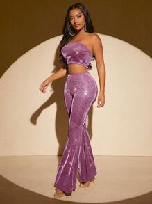 SHEIN SXY 金屬亮絲抹胸上衣&喇叭褲 - 玫紅色 - 查看 1