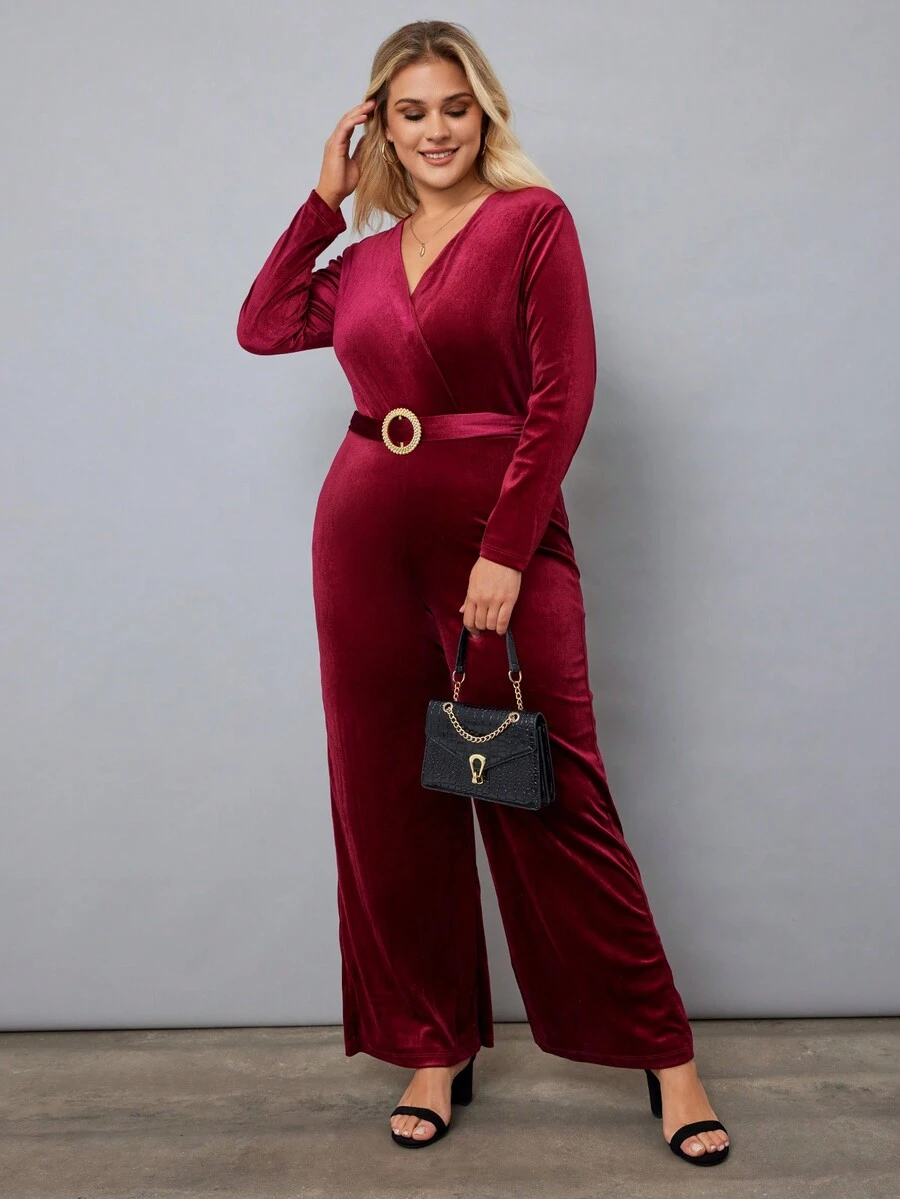 RueChic Plus Surplice Neck Belted Wide Leg Jumpsuit - Burgundy - View 1