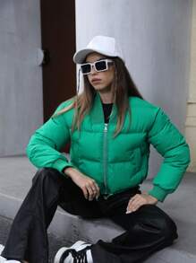 SHEIN Unity Solid Zip Up Crop Baseball Collar Padded Padded Coat Clothes Winter - Green - View 1