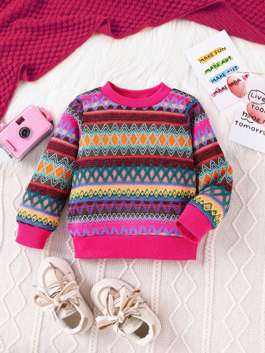 Baby Girl Geo Print Sweatshirt - Hot Pink - View 1