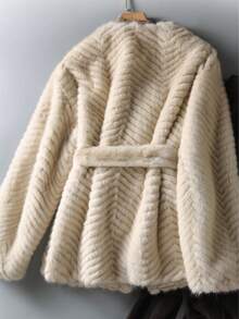 純色束帶絨毛大衣 - 白色 - 查看 2