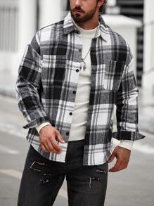 Manfinity 男士格紋雙口袋下墜肩外套 - 黑與白 - 查看 4