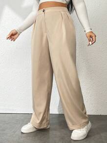 Flirla Plus Plicated Detail Wide Leg Pants - Apricot - View 4
